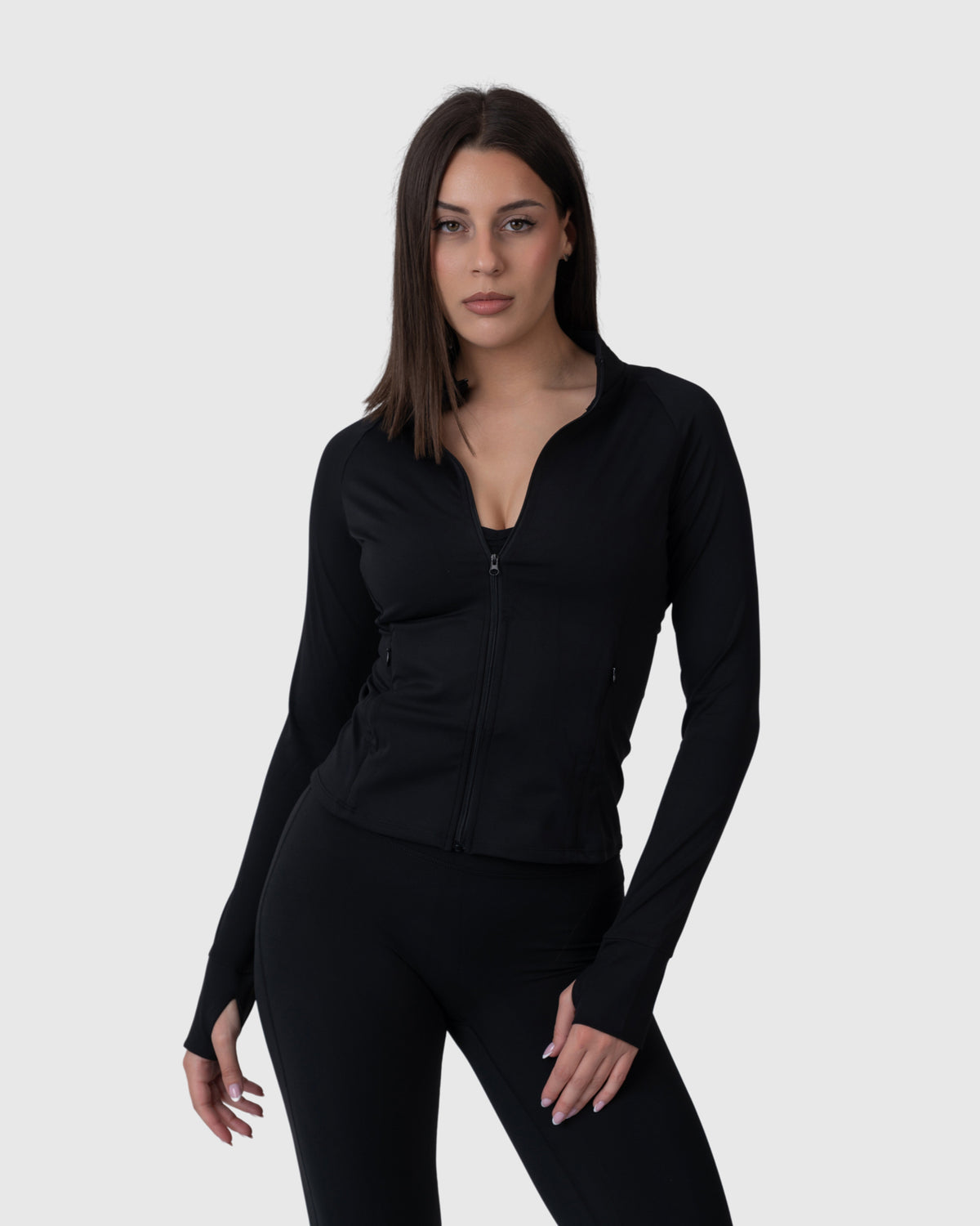 Shop Lily Align Soft Sculpt Jacket in black, fitted zip-up athleisure jacket – front view