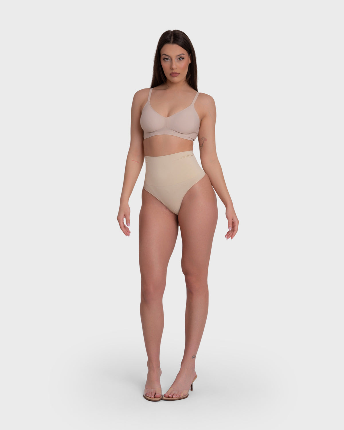 Tummy Control Shaping Thong Panties in nude – full-length front view
