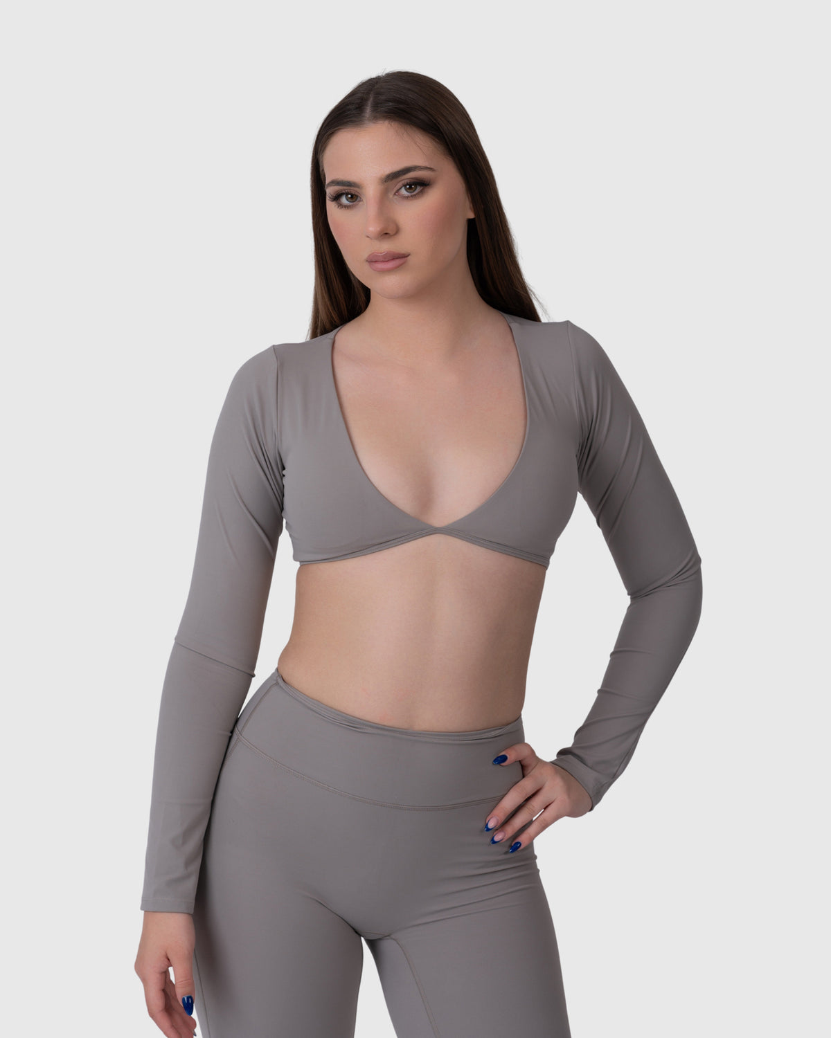 Shop Lily Align Soft Long Sleeve Top in grey, cropped long sleeve wrap top – front view
