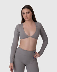 Shop Lily Align Soft Long Sleeve Top in grey, cropped long sleeve wrap top – front view