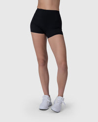 Shop Lily Align Soft Shorts in black, high-waisted athleisure shorts – front view