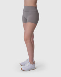 Shop Lily Align Soft Shorts in grey, high-waisted athleisure shorts – front view