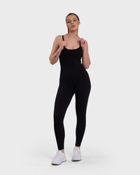 Shop Lily Ribbed Sculpting Jumpsuit in black, sleeveless ribbed sculpting jumpsuit – full-length front view