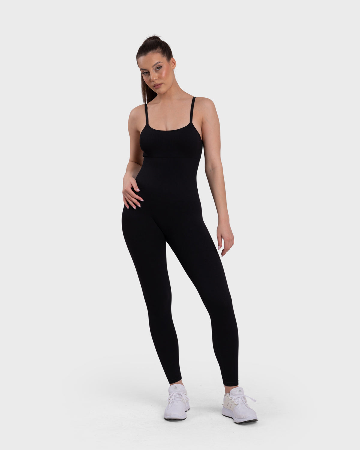 Ribbed Sculpting Jumpsuit in black – alternate full-length front view