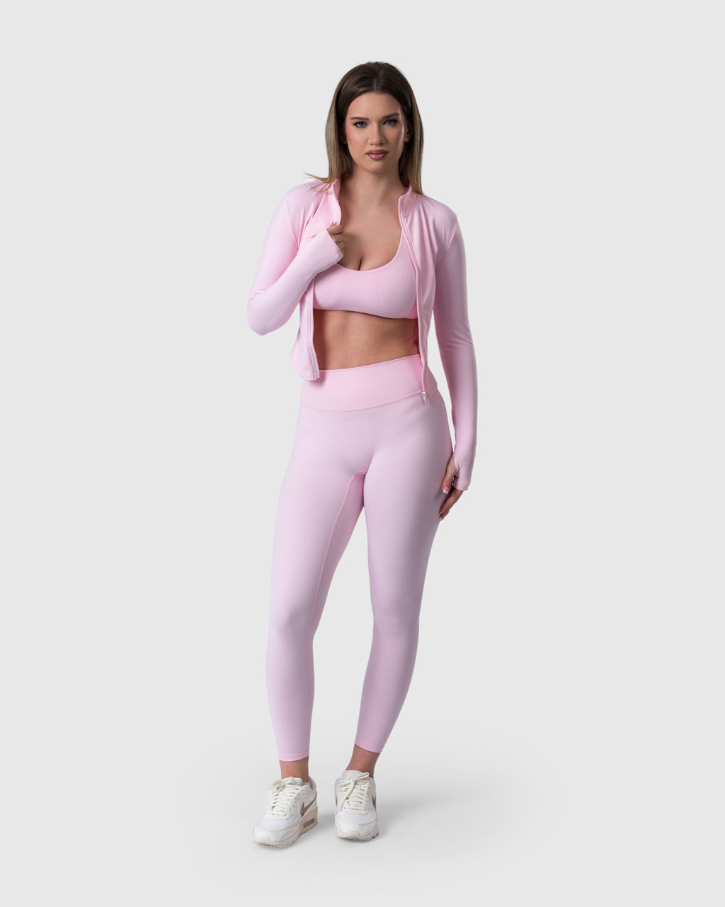 Core Jacket in baby pink – full-length front view