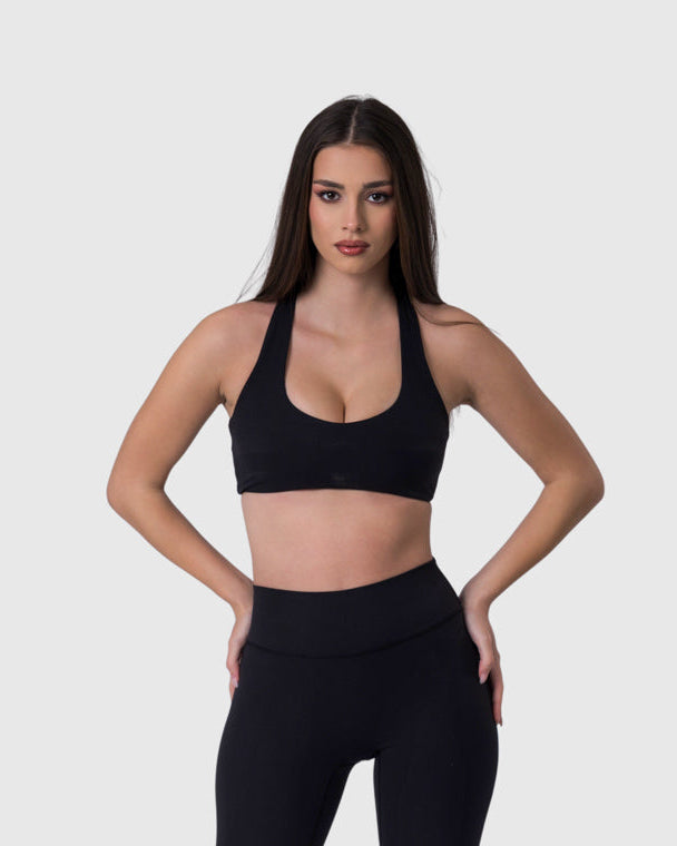 Shop Lily Core Sports Bra in black, racerback sports bra – front view