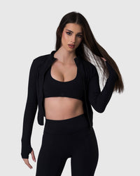 Shop Lily Core Jacket in black, fitted zip-up activewear jacket – front view