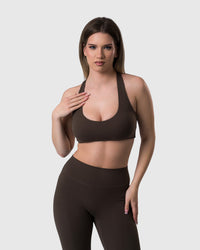 Shop Lily Core Sports Bra in mocha, racerback sports bra – front view