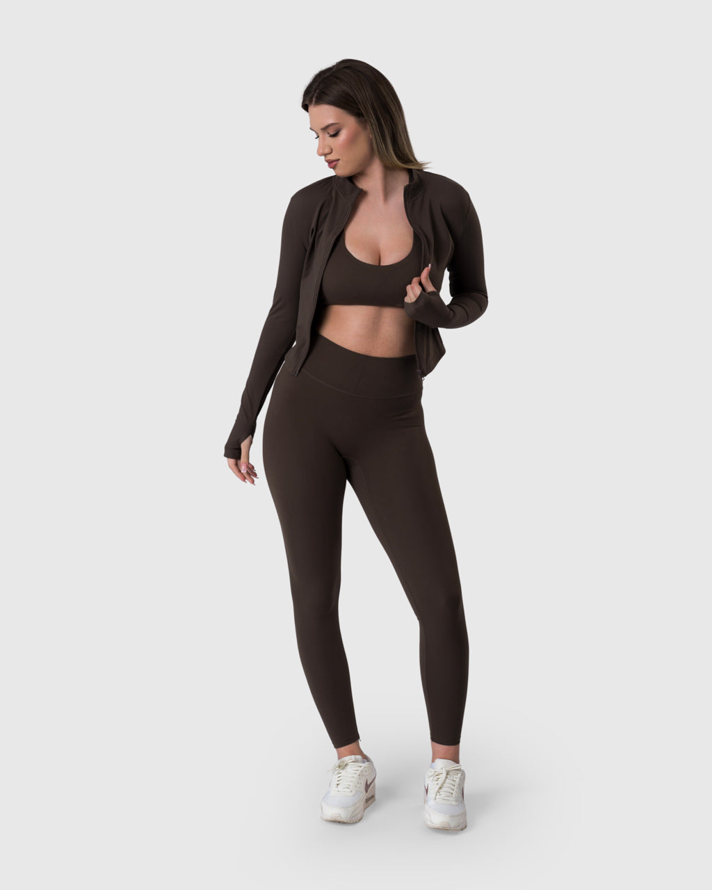 Core Jacket in mocha – full-length front view