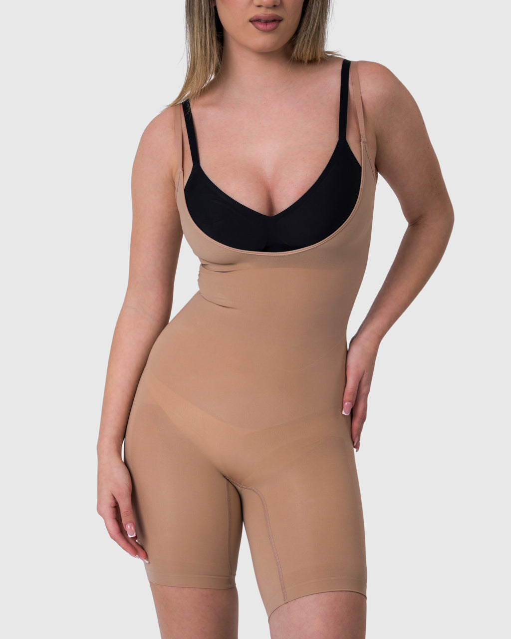 Shop Lily Ultimate Sculpt Invisible Body Shaper in nude, open-bust mid-thigh body shaper – front view
