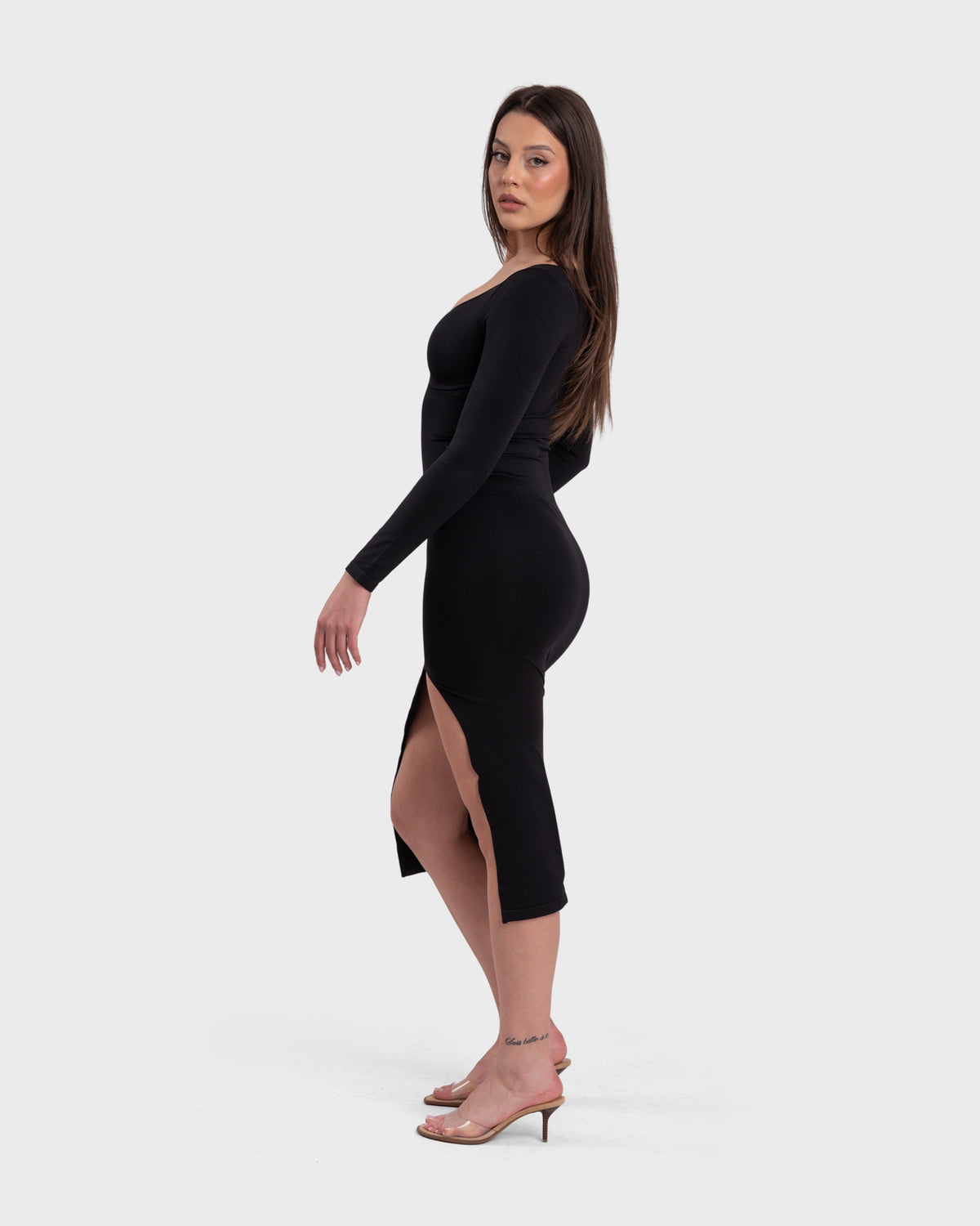 Elegance Midi Dress in black – full-length three-quarter view
