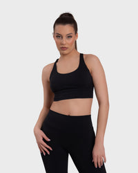 Shop Lily Evolve Active Sports Bra in black, crisscross back sports bra – front view