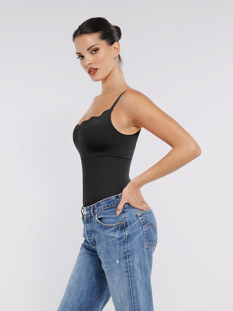 Lace Detail Thong Bodysuit in black – styled with jeans