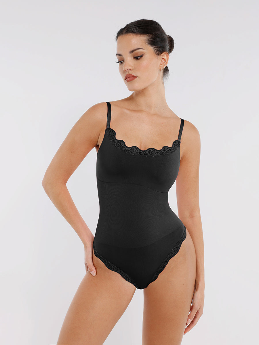 Lace Detail Thong Bodysuit in black – three-quarter view