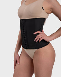 Shop Lily Women's Latex Hourglass Waist Trainer in black, latex hourglass waist trainer – front view
