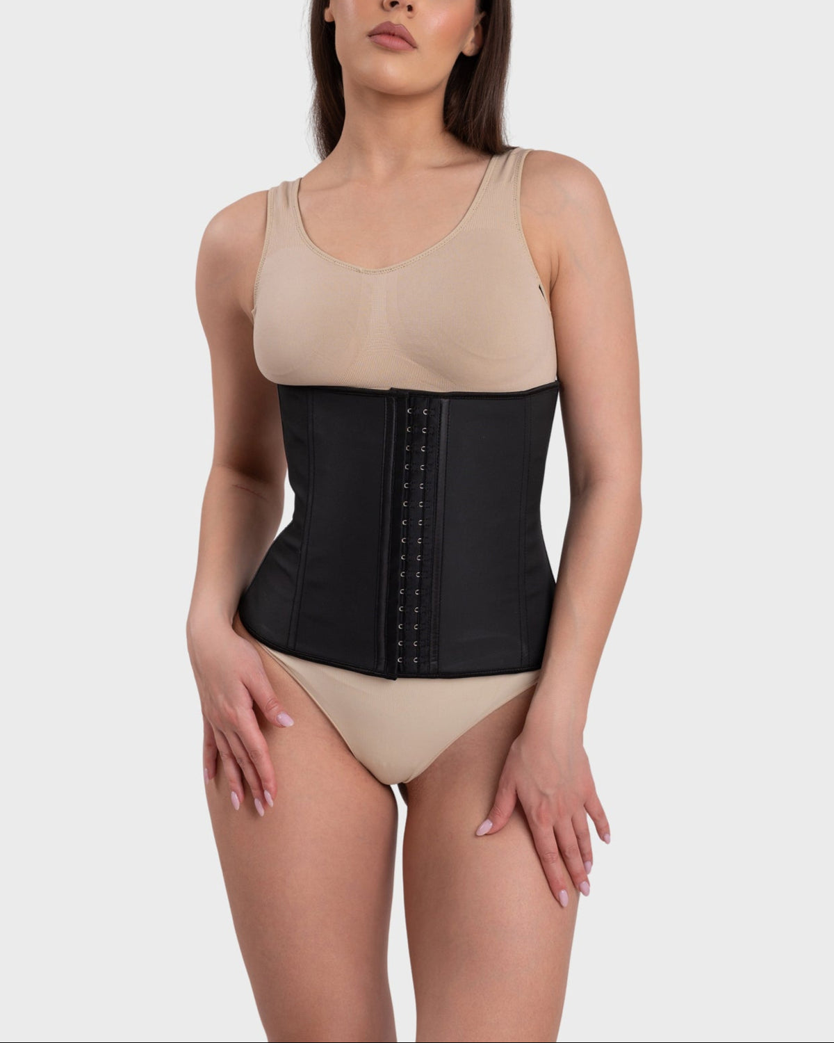 Women's Latex Hourglass Waist Trainer in black – alternate front view