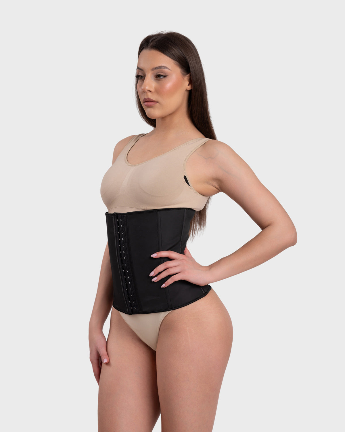 Women's Latex Hourglass Waist Trainer in black – alternate front view