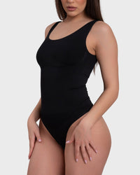 Shop Lily Essential Scoop Neck Bodysuit in black, sleeveless scoop neck bodysuit – front view