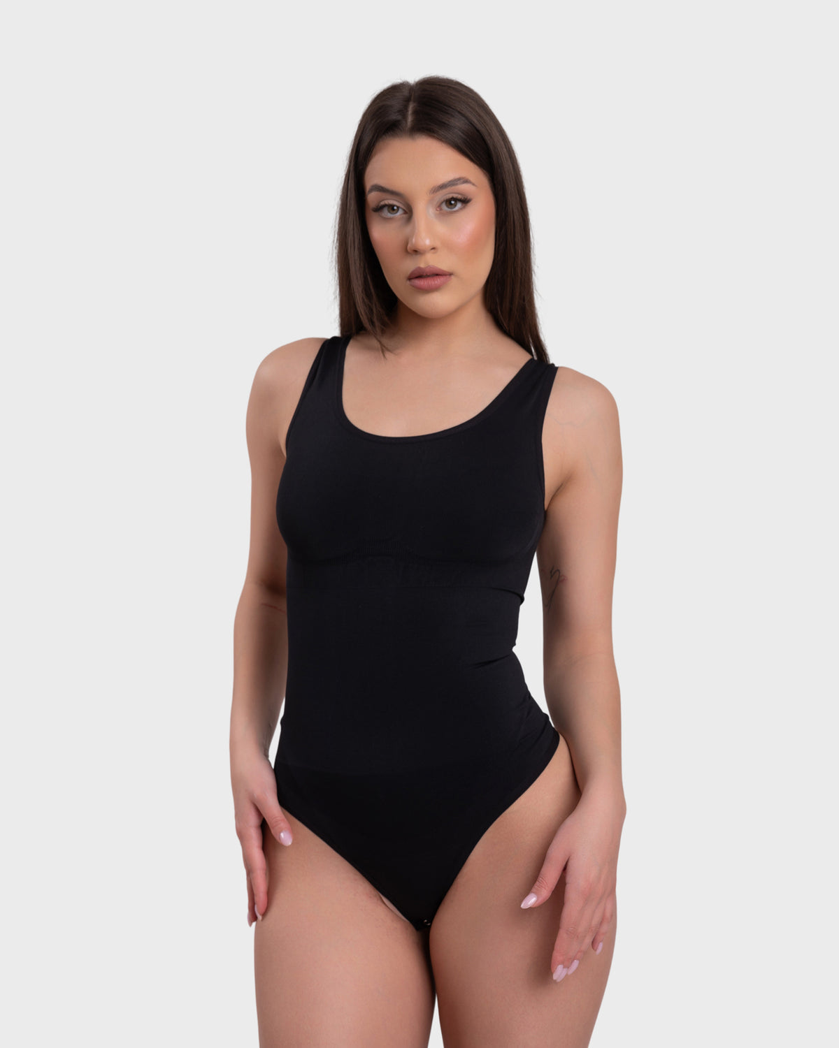 Essential Scoop Neck Bodysuit in black – alternate front view