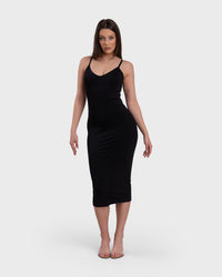 Shop Lily Ultimate Sculpt Midi Dress in black, sculpting bodycon midi dress – full-length front view