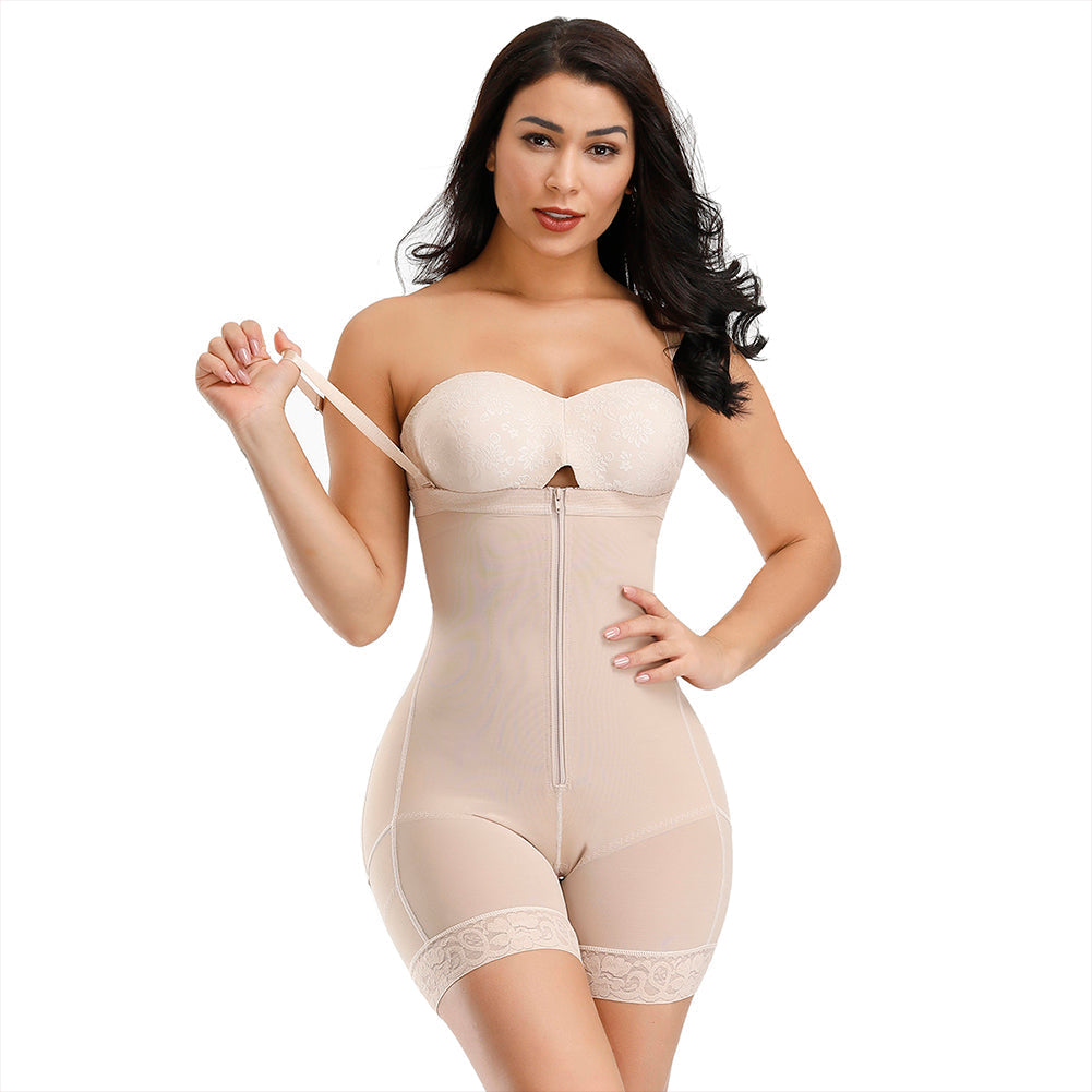 Detachable Straps Zip Up Slimming Body Shaper in nude – front view